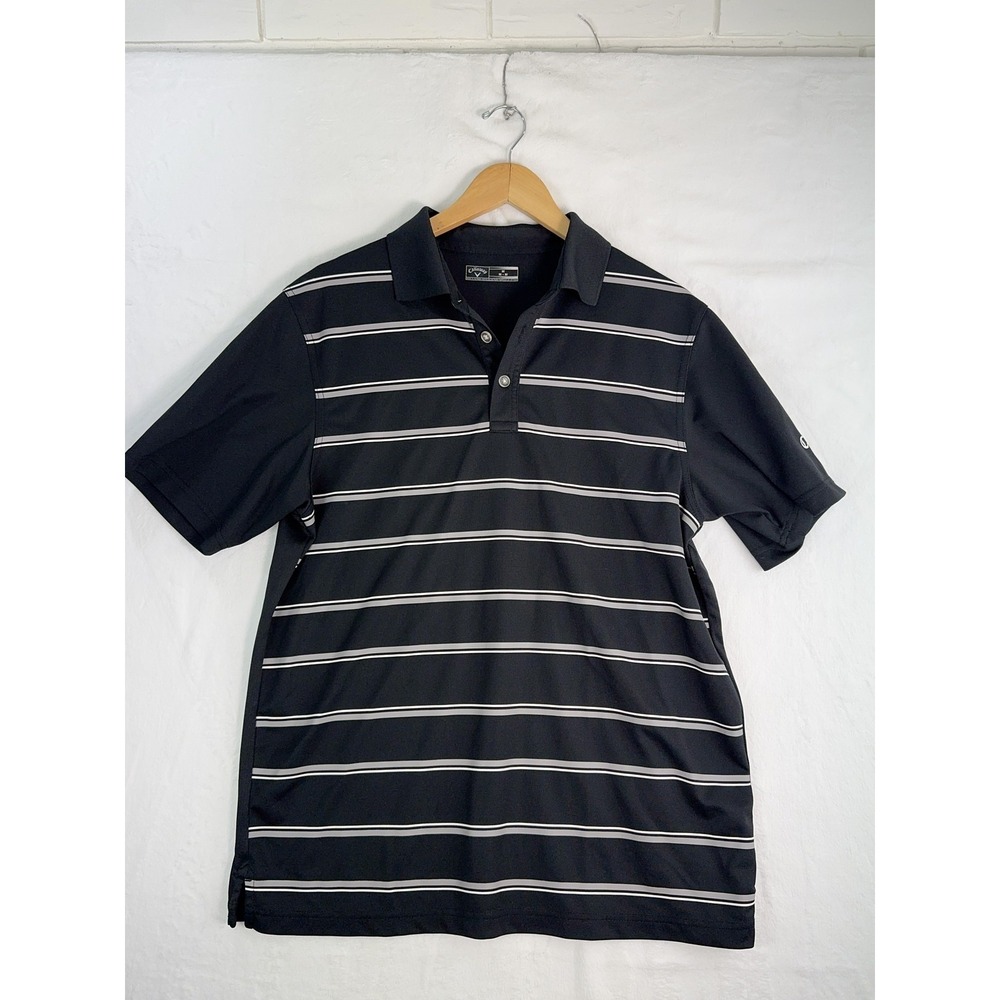 Callaway Polo Shirt Mens Medium Black Gray Striped Golf Performance Polyester